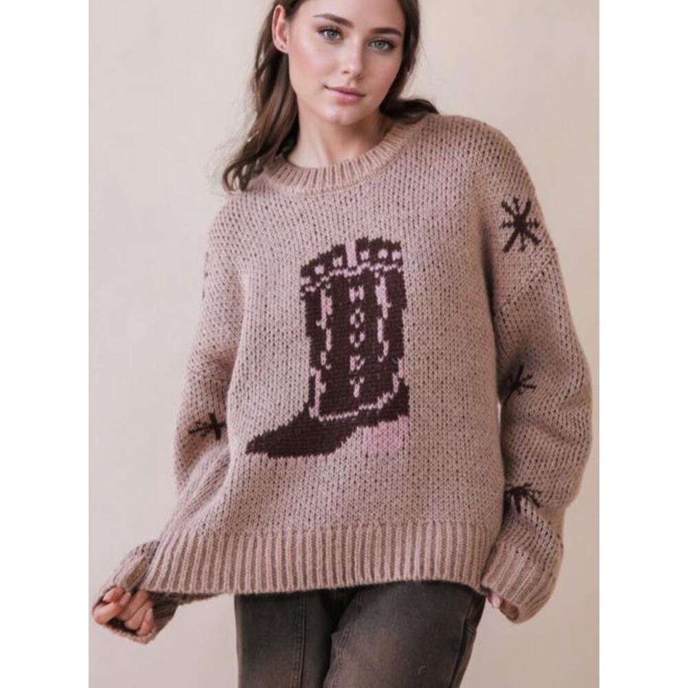 NWT Very J Western Boot Graphic Sweater Taupe Brown Size Small Cozy Knit sz S
